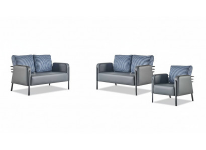 Complete leather sofa set, 2-seater armchair, modern grey blue leather textile