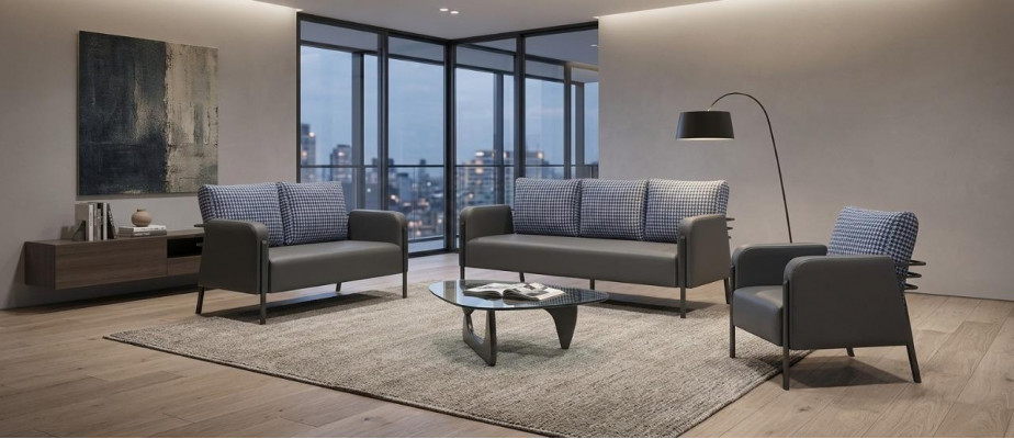 Modern Sofa Set 3-Seater 2-Seater Armchair Blue Gray Leather Stainless Steel