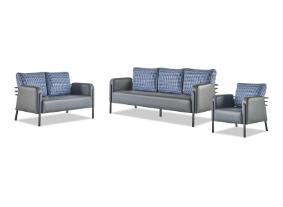 Modern Sofa Set 3-Seater 2-Seater Armchair Blue Gray Leather Stainless Steel