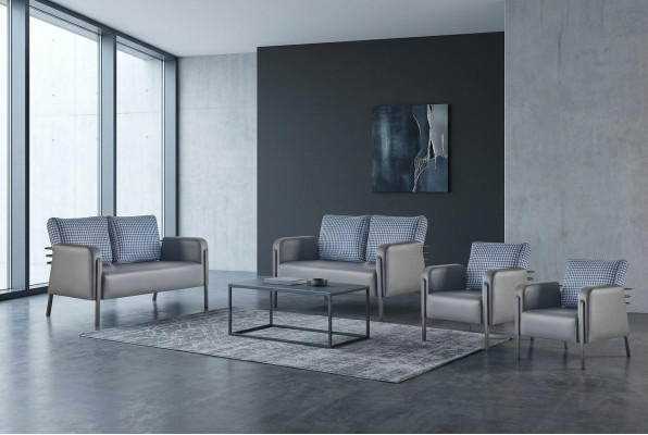 Sofa Set Upholstery 3-Seater Armchair Blue Grey Leather Sofas Upholstery