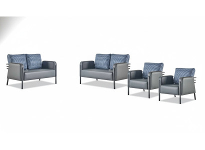 Sofa Set Upholstery 3-Seater Armchair Blue Grey Leather Sofas Upholstery