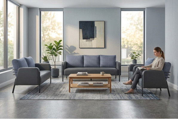 Complete seating furniture set: 3-seater, 2-seater, armchair, gray-blue leather upholstery