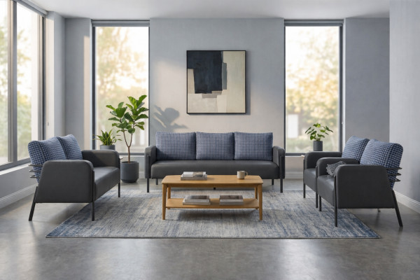 Complete seating furniture set: 3-seater, 2-seater, armchair, gray-blue leather upholstery