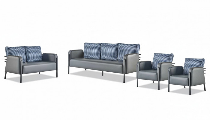 Complete seating furniture set: 3-seater, 2-seater, armchair, gray-blue leather upholstery