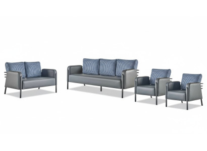 Complete seating furniture set: 3-seater, 2-seater, armchair, gray-blue leather upholstery