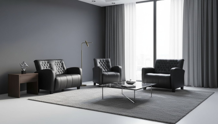 Leather Sofa Set 2-Seater Armchair Chesterfield Couch Black Modern Buttons