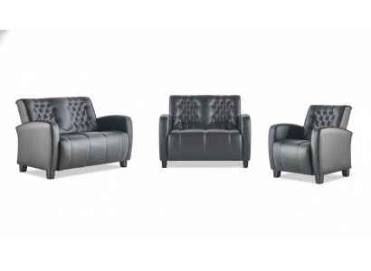 Leather Sofa Set 2-Seater Armchair Chesterfield Couch Black Modern Buttons