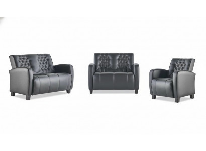 Leather Sofa Set 2-Seater Armchair Chesterfield Couch Black Modern Buttons
