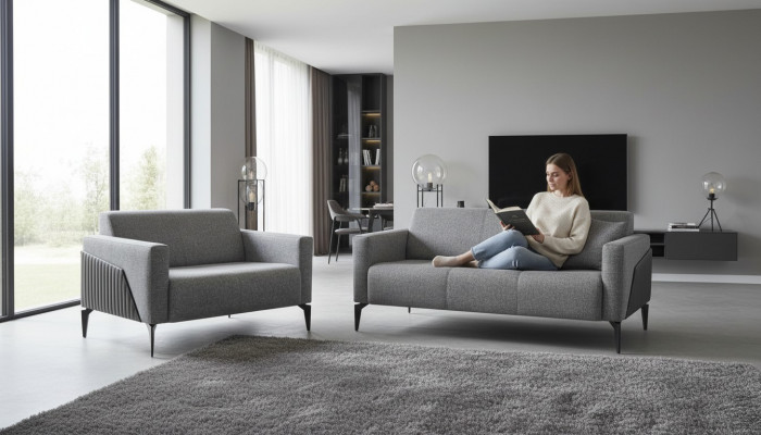 Sofa set, 3-seater, 2-seater, gray leather, modern couch, fabric