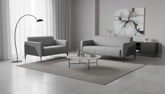 Sofa set, 3-seater, 2-seater, gray leather, modern couch, fabric