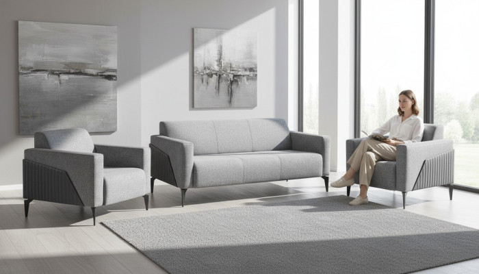 Complete set: 3-seater, 2-seater, armchair, gray leather, modern textile couch