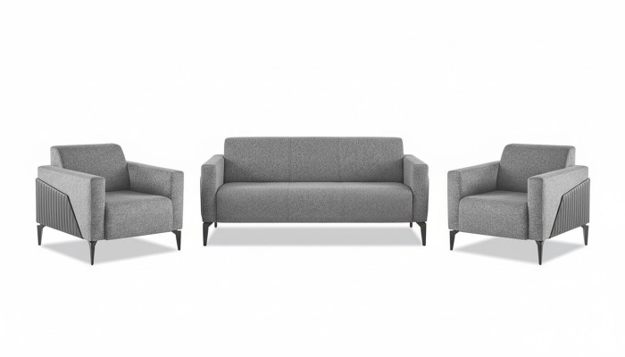 Complete set: 3-seater, 2-seater, armchair, gray leather, modern textile couch