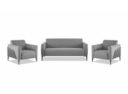 Complete set: 3-seater, 2-seater, armchair, gray leather, modern textile couch