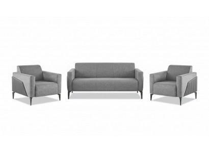Complete set: 3-seater, 2-seater, armchair, gray leather, modern textile couch