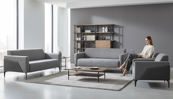 Seating Furniture Complete Modern Set 3-Seater Armchair Gray Textile Stainless Steel Leather