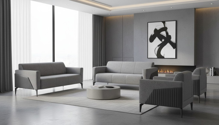 Seating Furniture Complete Modern Set 3-Seater Armchair Gray Textile Stainless Steel Leather