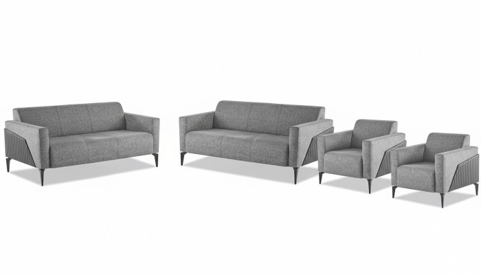 Seating Furniture Complete Modern Set 3-Seater Armchair Gray Textile Stainless Steel Leather