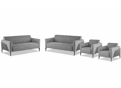 Seating Furniture Complete Modern Set 3-Seater Armchair Gray Textile Stainless Steel Leather