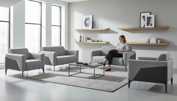 Complete Sofa Set Loveseat Armchair Gray Stainless Steel Textile Wood
