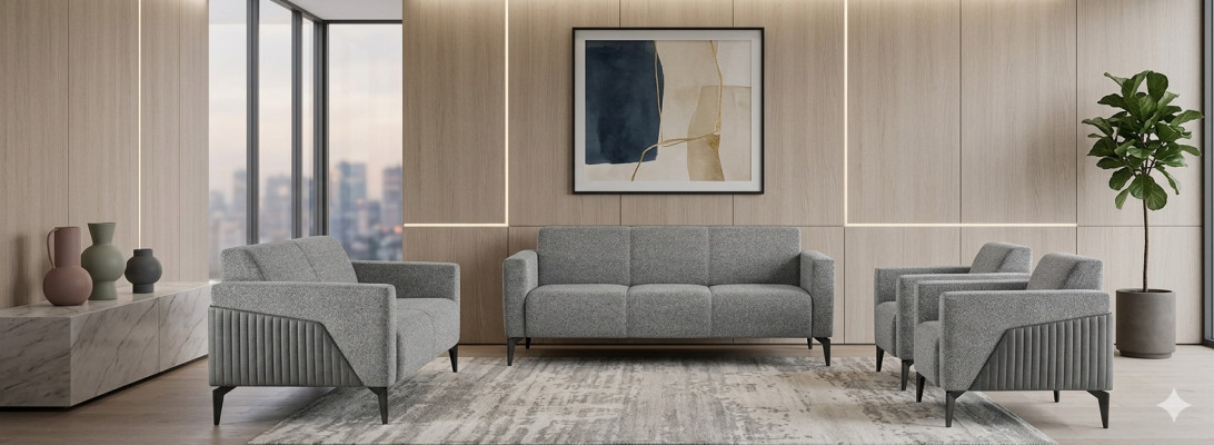 Sofa set 3-seater 2-seater armchair gray textile stainless steel wood modern