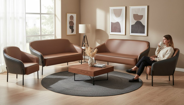 Sofa Set Brown Black Sofa Suite 2-Seater Armchair Leather Stainless Steel Wood