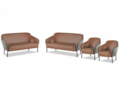 Sofa Set Brown Black Sofa Suite 2-Seater Armchair Leather Stainless Steel Wood