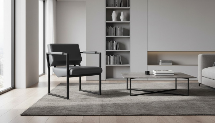 Office chair armchair, four-sided, stainless steel, black, solid color, 1-seater, leather.