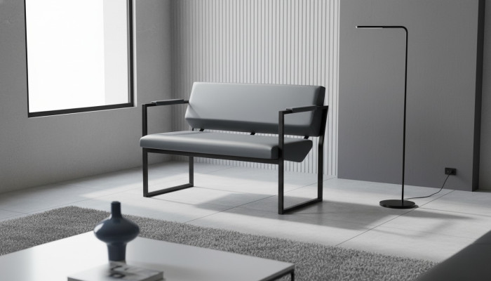 Ledesofas Couch Stainless Steel 2-Seater Sofa Black Leather Wood Two-Seater