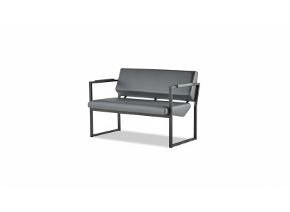 Ledesofas Couch Stainless Steel 2-Seater Sofa Black Leather Wood Two-Seater