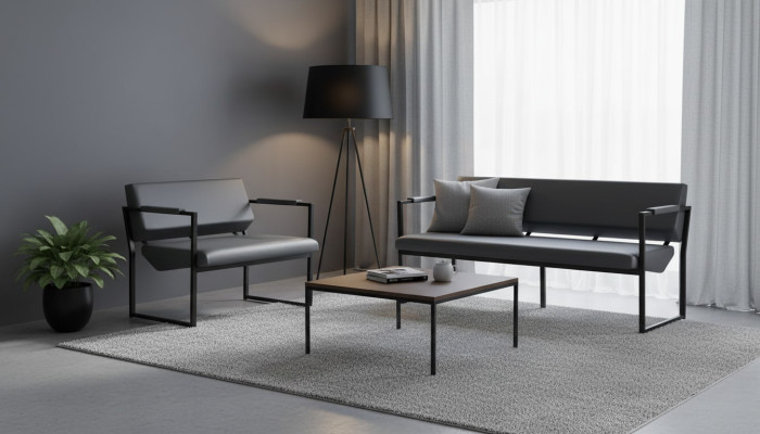 Leather Sofa Set 3-Seater 2-Seater Black Leather Modern Stainless Steel Couch