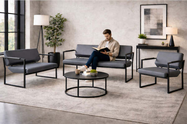 Complete black leather sofa set couch 3-seater 2-seater armchair wood