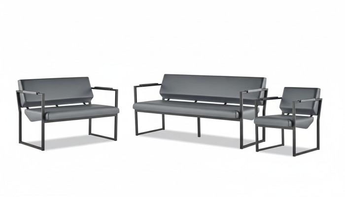 Complete black leather sofa set couch 3-seater 2-seater armchair wood