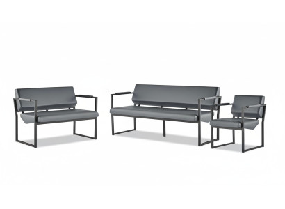 Complete black leather sofa set couch 3-seater 2-seater armchair wood