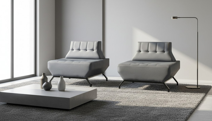 Armchair Leather Stainless Steel Set Armchair Art Deco Gray Modern Chesterfield