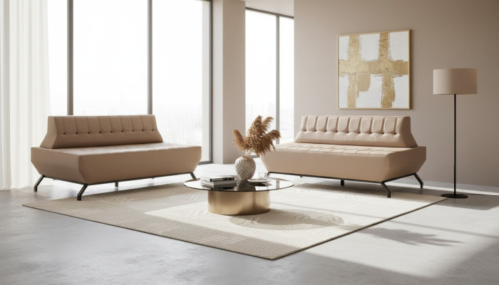 Leather sofas set, 2-seater, beige leather, Art Deco style, Chesterfield, stainless steel