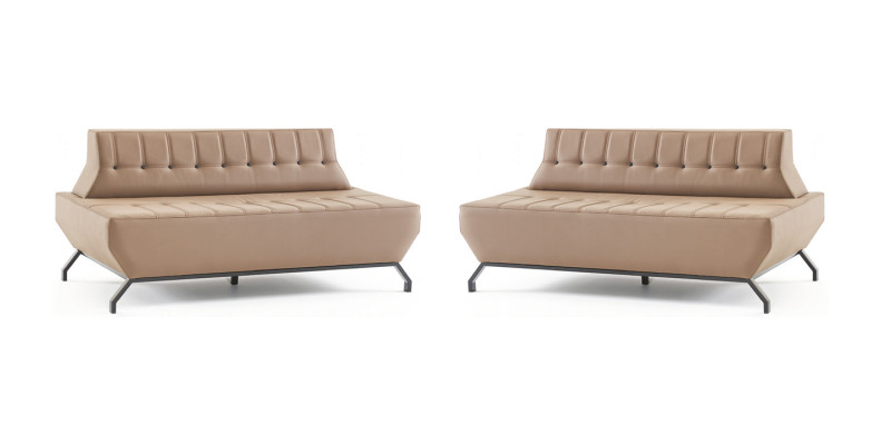 Leather sofas set, 2-seater, beige leather, Art Deco style, Chesterfield, stainless steel