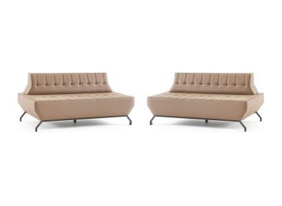 Leather sofas set, 2-seater, beige leather, Art Deco style, Chesterfield, stainless steel