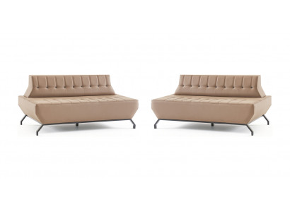 Leather sofas set, 2-seater, beige leather, Art Deco style, Chesterfield, stainless steel