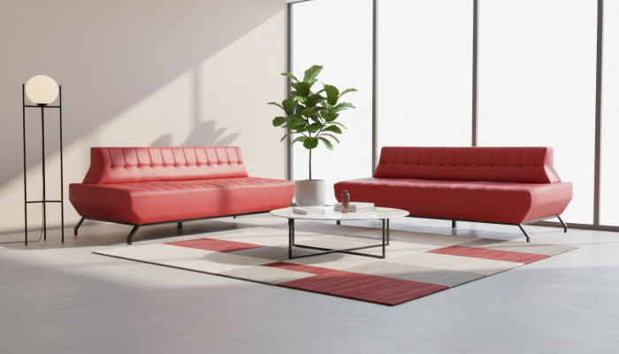 Sofa Set Stainless Steel Leather Chesterfield 2-Seater Sofas Leather Art Deco Red