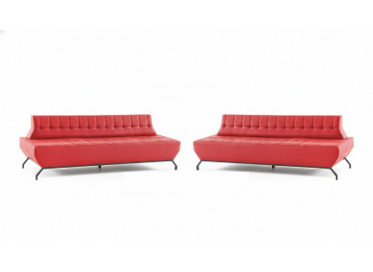 Sofa Set Stainless Steel Leather Chesterfield 2-Seater Sofas Leather Art Deco Red