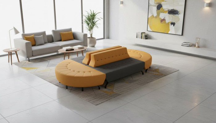 Oval Sofa Large Study Foyer Art Deco Leather Yellow Gray Leather Sofa