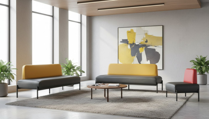 Yellow and Red Art Deco Stainless Steel 3-Seater Sofa Chair Black Leather Set