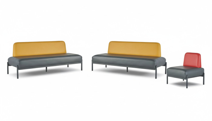 Yellow and Red Art Deco Stainless Steel 3-Seater Sofa Chair Black Leather Set