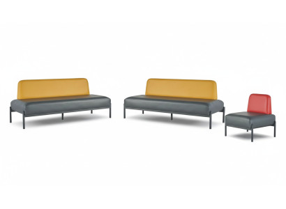 Yellow and Red Art Deco Stainless Steel 3-Seater Sofa Chair Black Leather Set