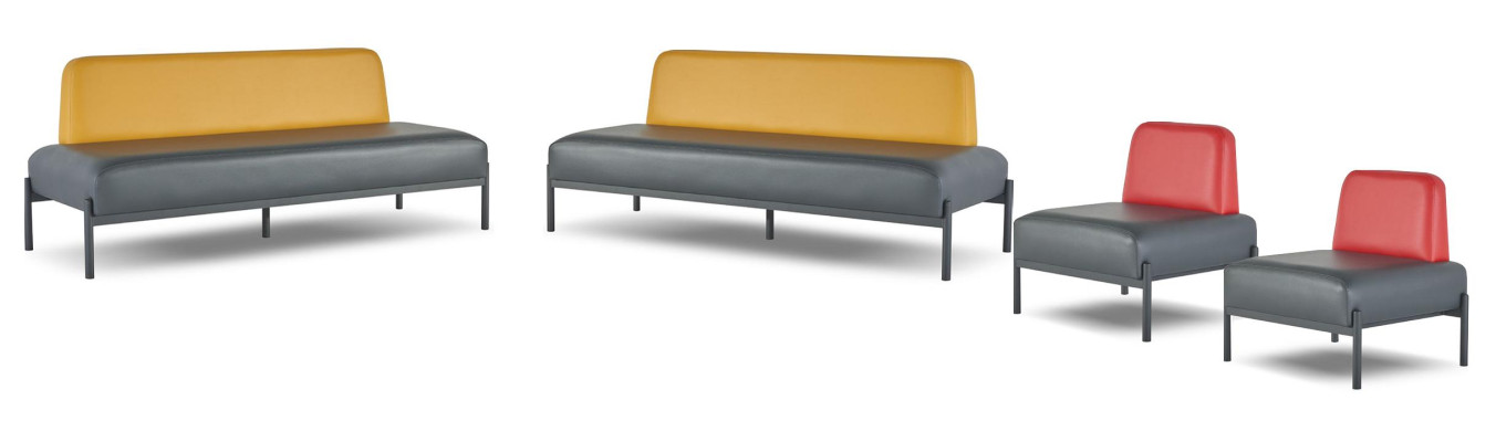 Complete leather sofas, 3-seater armchair, black Art Deco stainless steel, red, yellow