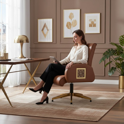 Office Chair Brown Stainless Steel Modern Leather Office Study 1-Seater Gold