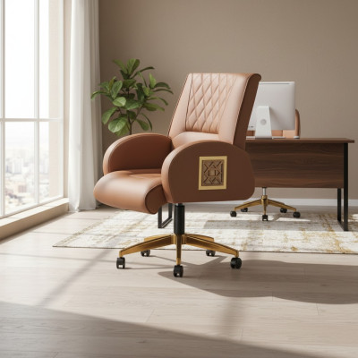 Office Chair Brown Stainless Steel Modern Leather Office Study 1-Seater Gold