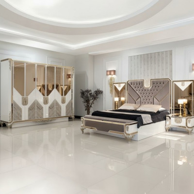 Bedroom set: bed + 2x nightstands + wardrobe, 5-piece complete furniture wood