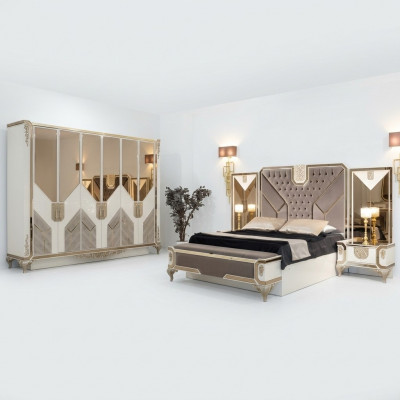 Bedroom set: bed + 2x nightstands + wardrobe, 5-piece complete furniture wood