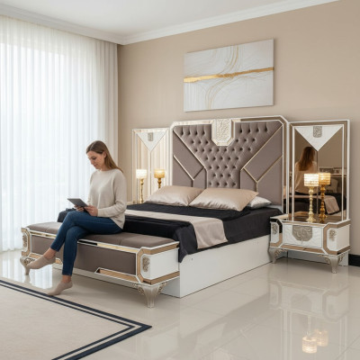 Luxury Bedroom Set Bed + 2x Nightstands 3 Piece Modern Furniture Wood